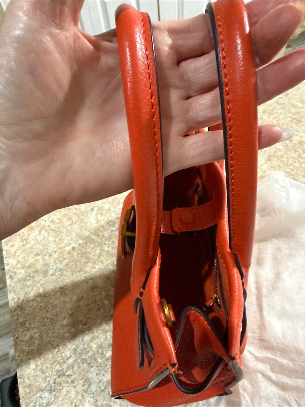 Tory Burch Orange Leather Top-Handle Satchel w/ Gold Hardware & crossbody strap.